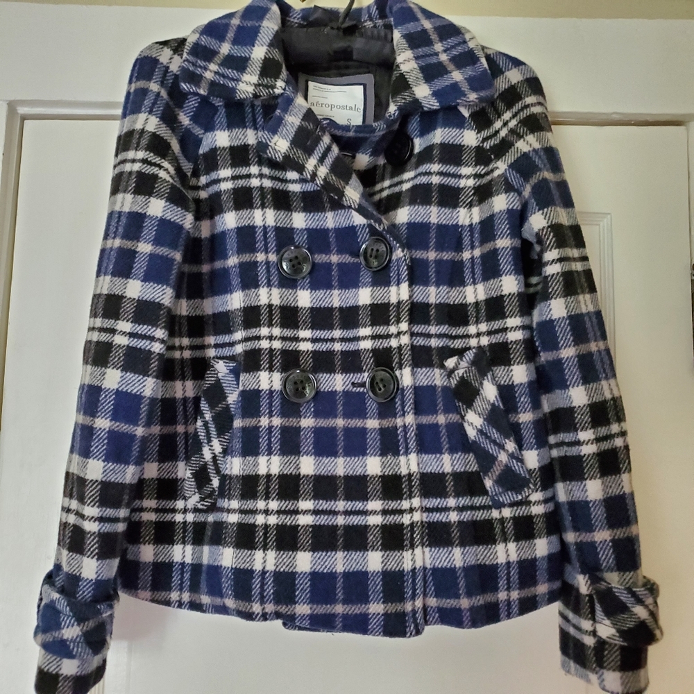 Aeropostale Blue Checked Pea Coat